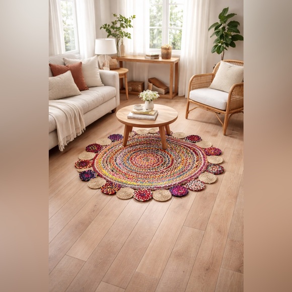 Colorful Round bohemian jute and cotton rug New w/o tags circular medium sized - Picture 2 of 3